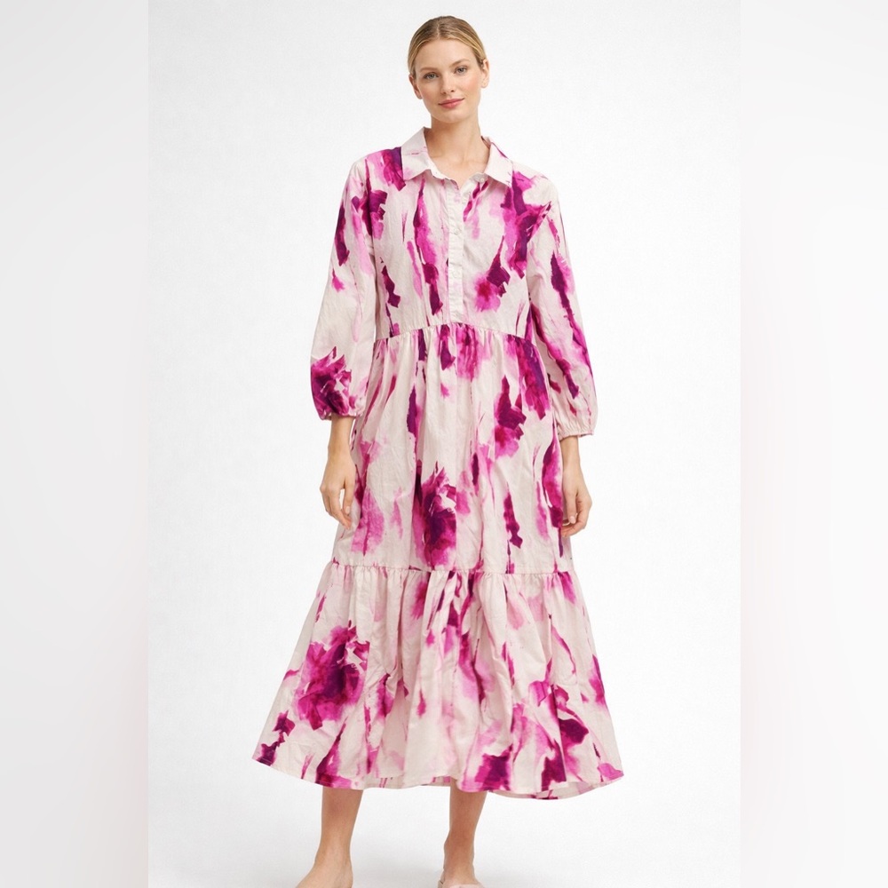 Maeve Anthropologie Pink Watercolor Tiered Midi Dress Medium Button Front Boho‎
